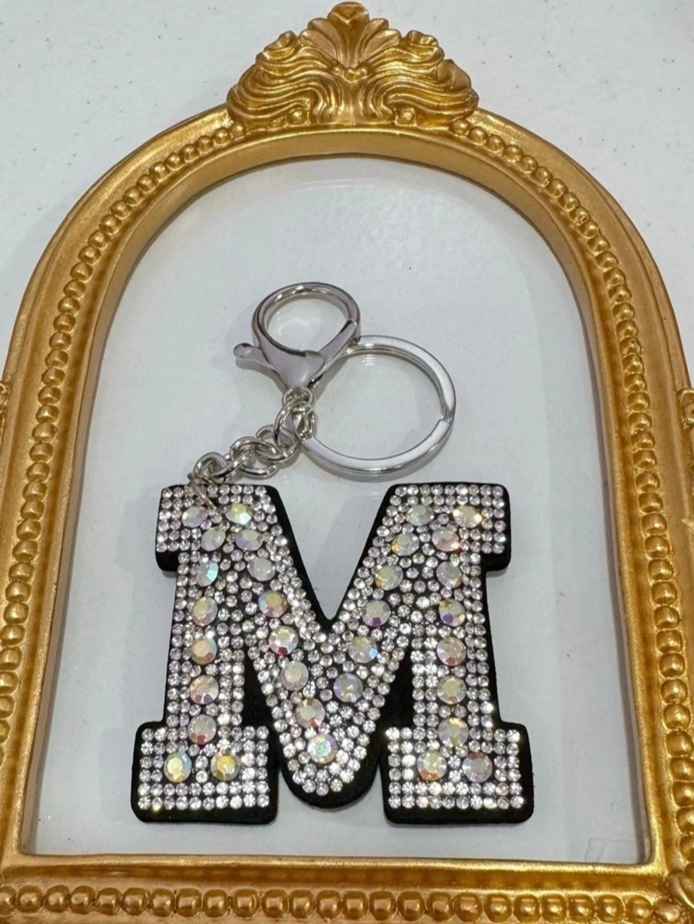 New M Rhinestone Initial Keychain Black & Silver - Picture 4 of 5